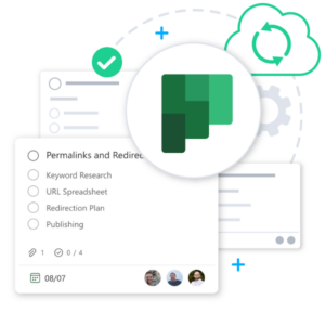 Microsoft Planner logo, plus a screenshot of a planner task and cloud icon with bckup symbol