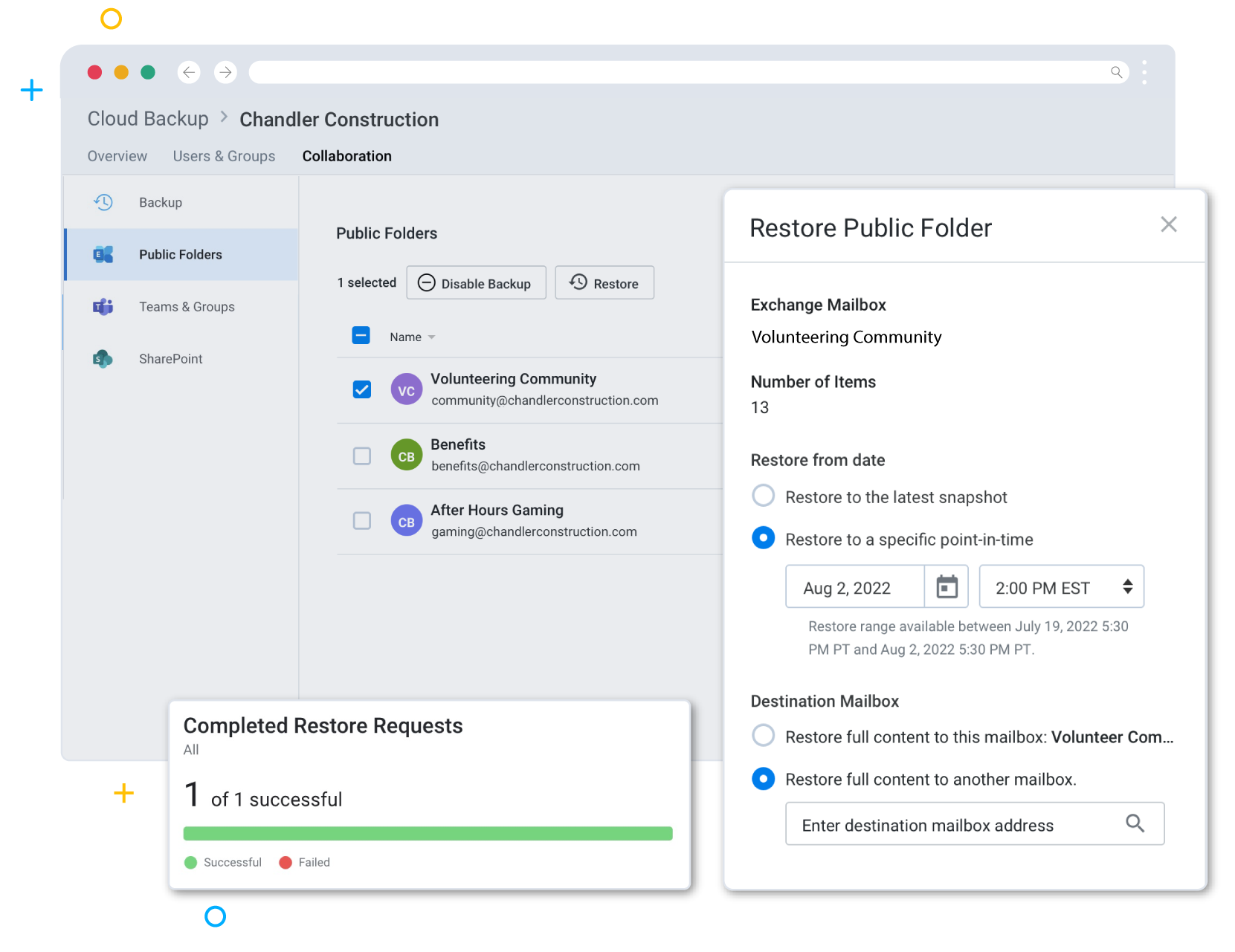 Product screen showing Point-in-time restore of Microsoft Exchange Public Folders